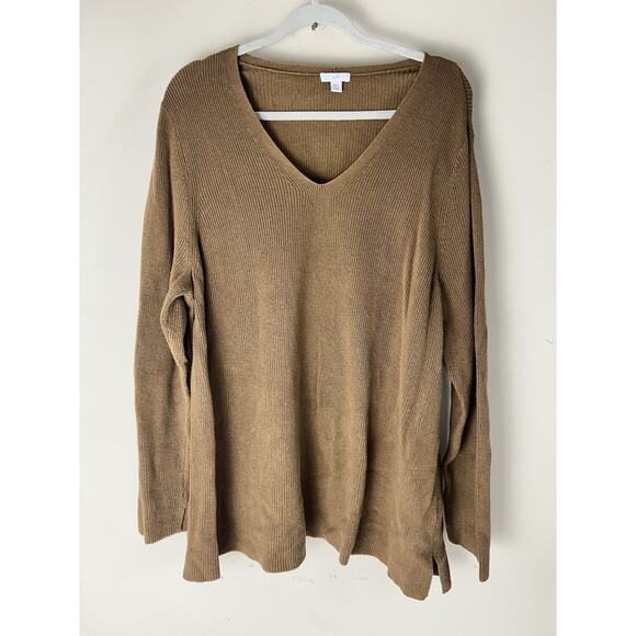 J Jill Women Sweater 2X Red Tunic Rib Knit Long Sleeve V Neck Pullover Brown Tan - Picture 1 of 15